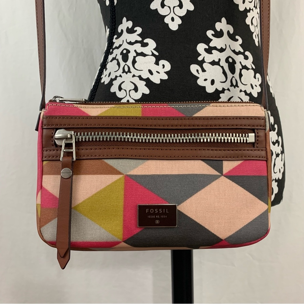 FOSSIL Issue 1954 Crossbody Bag Purse PVC Coated Geometrical Design Gray - Picture 2 of 11